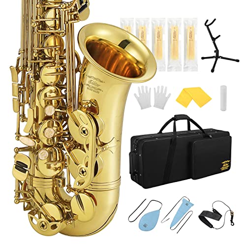 Eastar Professional Alto Saxophone E Flat Alto Saxophone Eb Saxophone Gold With Cleaning Cloth, Carrying Case, Mouthpiece, Neck Strap, Cork Grease, Reeds and Stand, Alto Saxophone Full Kit, AS-â…¢