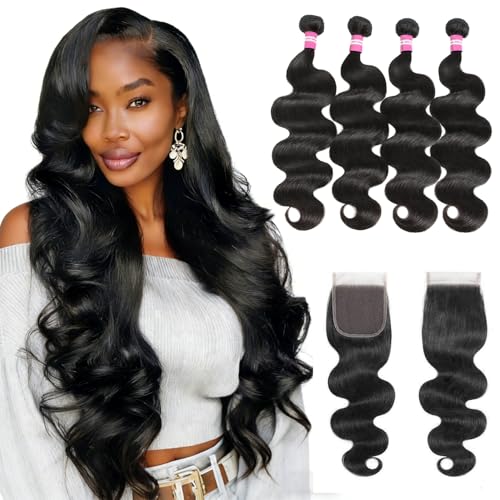 inlovwith Body Wave Bundles Human Hair with Closure, 100% Unprocessed Indian Healthy Virgin Hair 4 Bundles with 4x4 HD Lace Closure Natural Black Color (14 16 18 20+12 Inch)
