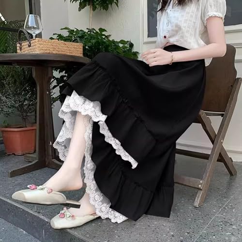 Women's Vintage Midi Skirts Lace Trim High Low Asymmetrical Ruffle High Waisted A-line Flowy Fairy Long Skirts4