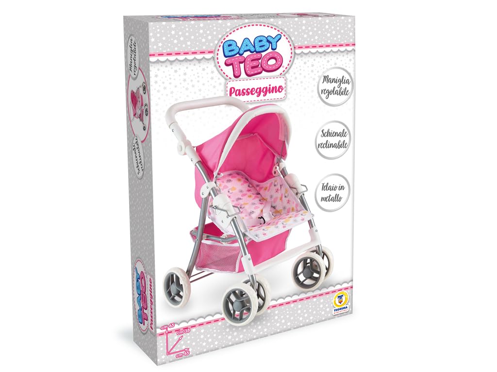 Teorema Giocattoli Leichter und Faltbarer Puppenwagen, Puppenwagen mit verstellbarem Verdeck, Aufbewahrungskorb, Metallrahmen, Kinderwagen Spielzeug für Mädchen, wendbar, Rosa