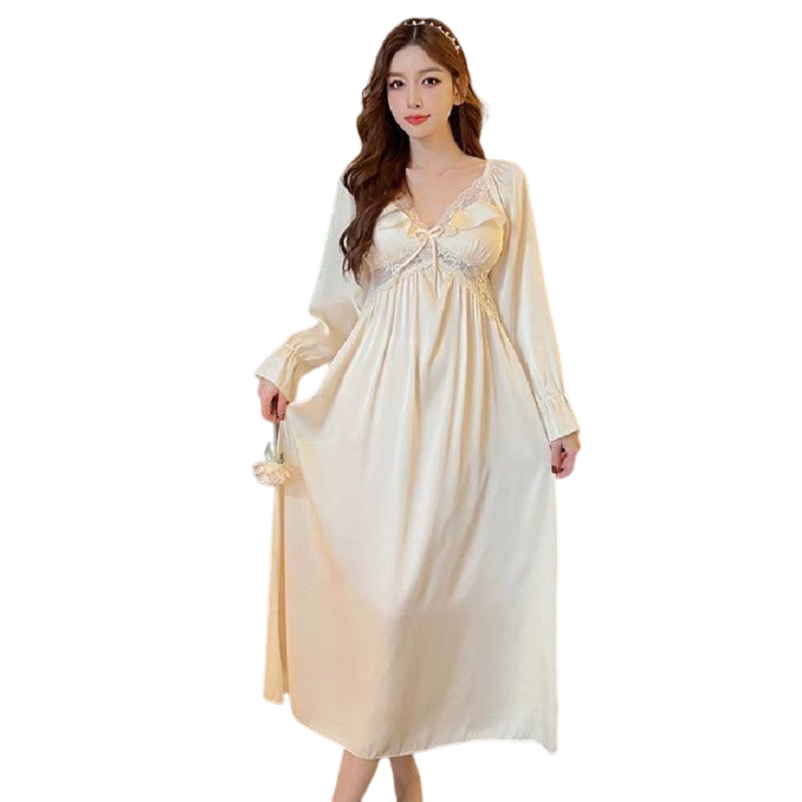 Camicie Cava Pizzo Indumenti Camicia Notte in Raso di Seta da Donna Estivo Maniche Lunghe Abito con Scollo a V Casual Abbigliamento per la casa Pigiama