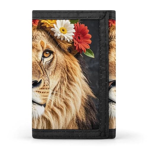 African Lion Wearing A Flower on Its Head Trifold Wallet for Men - Money Clip Slim Wallets with Multiple Card Slots Minimalist Small Front Pocket Wallet for Everyday Carry
