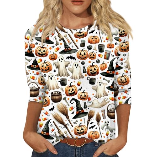 Halloween Shirts for Women 3/4 Sleeve Plus Size Crewneck Loose Fit Cute T Shirt Halloween Costumes for Women 2025