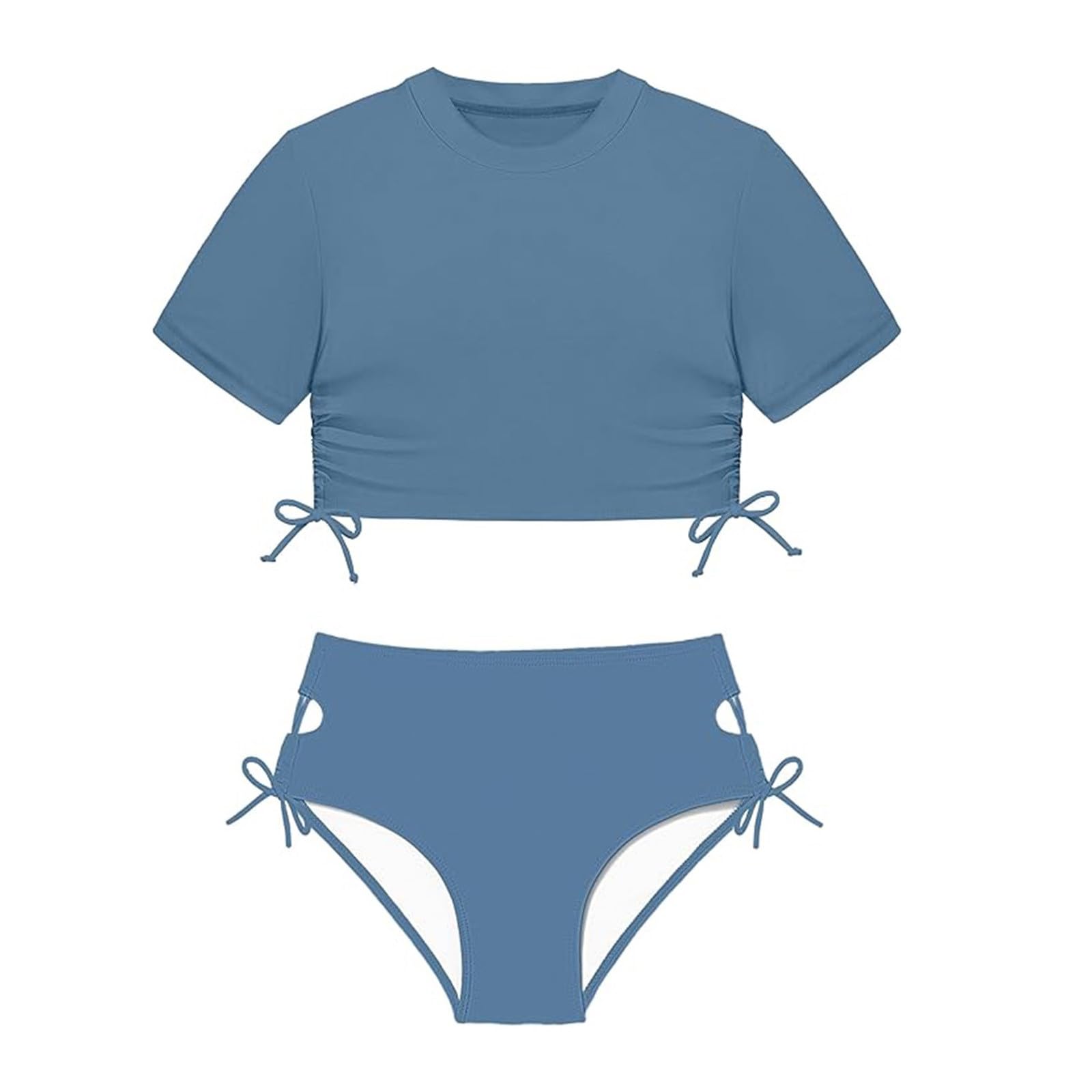 Maillot de bain fille deux pièces pour filles 6-14 ans, haut court à manches courtes et slip assorti, design sportif, tissu anti-uv, parfait pour la natation et les activités aquatiques
