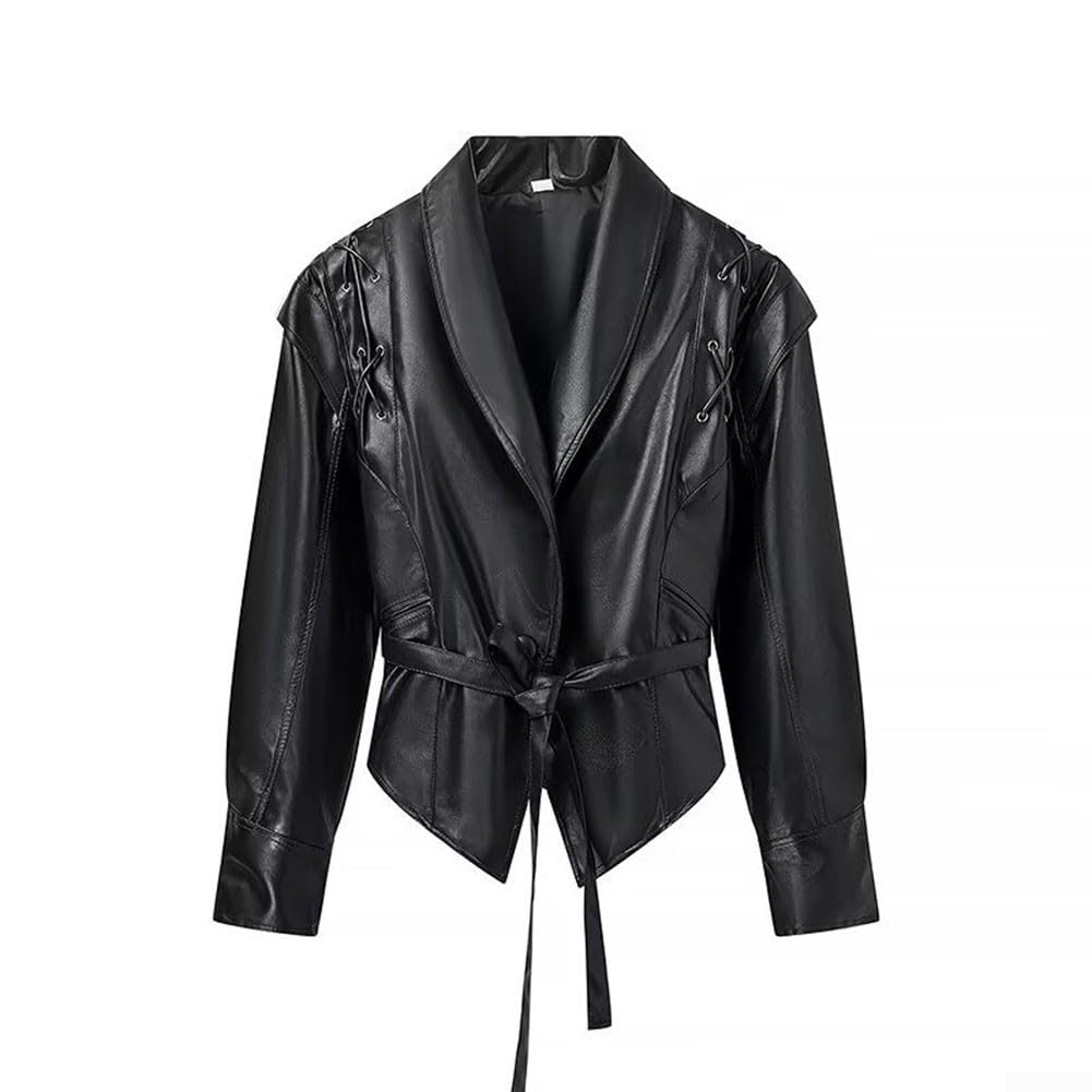 Veste en cuir synthétique pour femme, manches longues à lacets pour manteau de moto, vêtements d'extérieur décontractés pour l'automne et l'hiver, veste de motard en polyuréthane marron