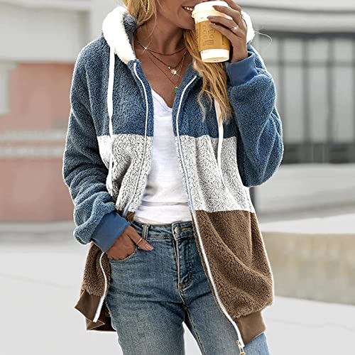 Fuzzy Fleece Jackets for Women Plus Size Hoodies Fall Winter Coats Color Block Patchwork Cardigan Coat with Pockets