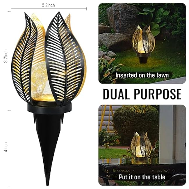 Solar Garden Lights Waterproof Decorations,Crackle Globe Glass,Metal Palm Leaf Solar Lights for Outdoor Decor On Garden,Patio,Yard,Front Porch,Tabletop Lamp-Perfect Gifts