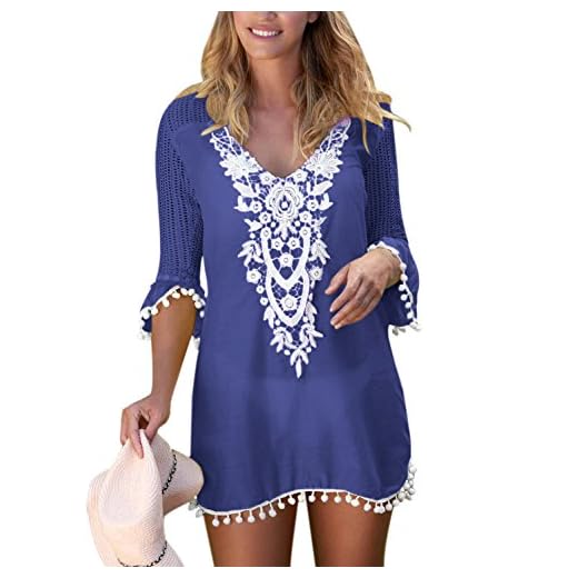 Aleumdr Mujer Vestido Casual Cuello V Vestido Suelto Mangas Cortas Falda Túnica de Playa Azul Size L