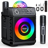 Karaoke con Microfono,Bluetooth con 2 Microfoni per Adulti e Bambini, Sfera da Discoteca Regolabile,Ricarica Magnetica dei Microfoni,Supporta TV/Smartphone/AUX/USB Per Party, Casa, Compleanni, Viaggio