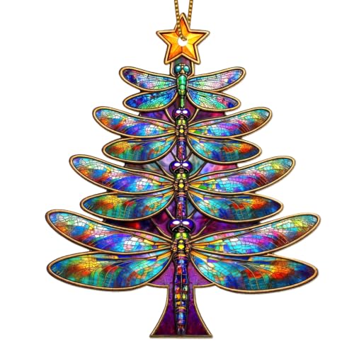 Dragonfly Xmas Tree Wooden Christmas Ornaments 2026, Double-Sided Ornament | 365RUSTIC Stained Glass Dragonflies Hanging Keepsake, Christmas Tree Decorations, Xmas Gifts for Insect Lover, Women, Friends