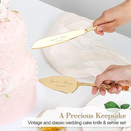 Miniatura 2 de Juego de cuchillos y servidor para pastel de boda, juego personalizado de corte de pastel dorado para boda, juego de cuchillos clásicos grabados