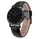 KZKR Unisex Uhr Analog Quarzwerk mit Leder Armband Schwarz W443