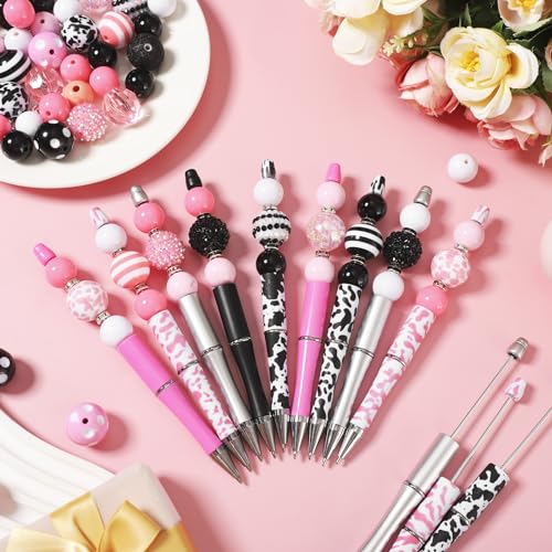 Cholemy 24 Sets Plastic Beadable Pens Assorted Bead Pens Multicolor Beads Bubblegum Beads Crystal Spacer Beads Black Ink Ballpoint DIY Bead Pen Set for Kids Women Office Gifts School(Delicate) - Thumbnail 3