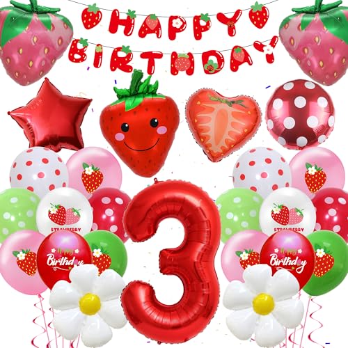 Erdbeer Ballons Deko 3.Geburtstag Mädchen - 39 Stück Erdbeeren Deko Happy Birthday Banner roter Folienballon Nummer 3 süße Erdbeer Gänseblümchen Ballons für Mädchen Sweet 3. Geburtstag Deko