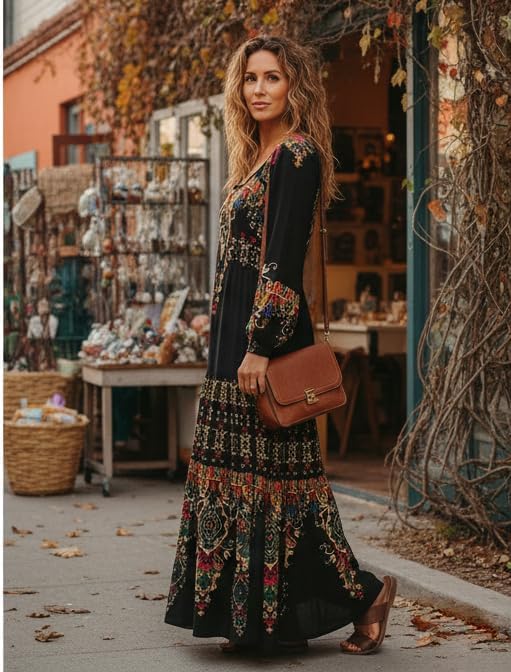 Womens Black Boho Paisley Maxi Dresses Long Sleeve Ethnic Scoop Neck Skirt Vintage Flowy Party Festival Spring Dress - Image 3