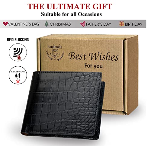 Image of HATA Black Bifold Leather Wallet for Men, Exotic Double-Sided Leather Wallet with RFID Blocking, Slim Credit Card Holder, Handmade Gift for Birthday, Anniversary, Father's Day VILE-111