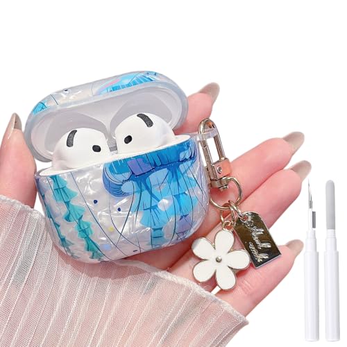 Image of MINSCOSE for Glitter AirPods 4 Case,Cute Shell Pattern Marine Life Design with Floral Keychain,Soft TPU Anti-Drop Shockproof Cover with Cleaner Kit for Women Girls for AirPods 4-Jellyfish