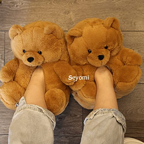 Seyomi Us 6-9 Cute Teddy Bear Plush Home Indoor Slippers Ladies Soft Anti-Slip Faux Fur Comfortable Soft Winter Warm Cartoon Shoes #TOP3