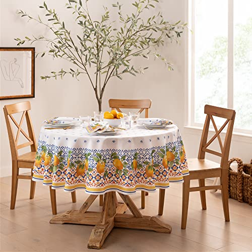 Threadmade Capri Lemon Double Border Tablecloth, Multicolor - 70" W x 70" L Round