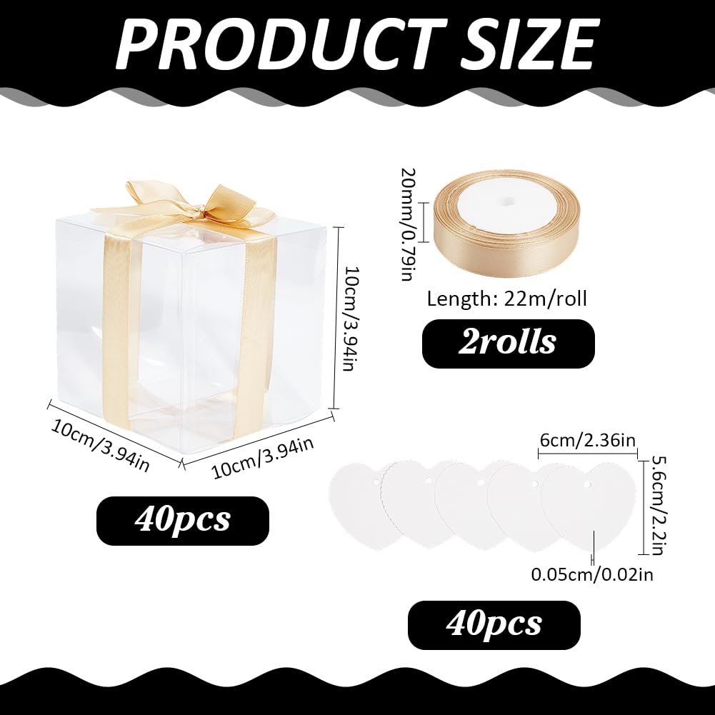 CRAFTYMELODY 40 scatole regalo trasparenti da 10 x 10 x 10 cm, per cupcake, in plastica, piccole scatole regalo con nastri, scatole per bomboniere, per compleanni, matrimoni, feste
