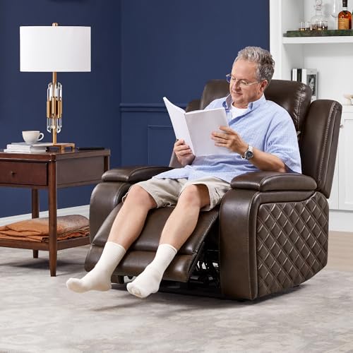 Watson & Whitely Genuine Leather Power Recliner Chairs for Adults, Zero Gravity Recliner with Power Headrest & Hidden Storage, Electric Reclining Sofa Chair for Living Room, Home Office, Dark Brown - Thumbnail 2