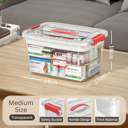 Image of HoopVool Plastic Medicine Storage Box Organizer, Family Emergency Kit Portable Lockable Container for, Art Craft and Household Organizer (Transparent, Medium)