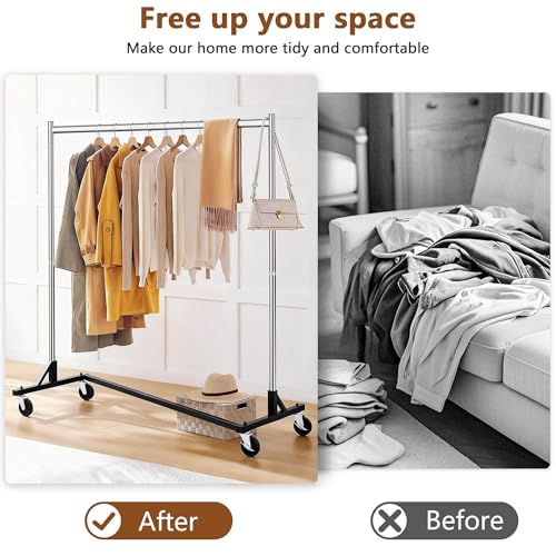 Image of Hoctieon Z Rack, Rolling Clothes Racks with Z-Base, Heavy Duty Garment Rack, Clothing Racks for Hanging Clothes, Sturdy Metal Hanging Holder, Clothes Organizer Rack, Chrome