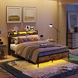 Bestier Queen Size Bed Frame with Headboard and Storage, Dual LED Platform Bed Frame with Charging Station, Non-Slip Metal Bed Frame, Noise-Free, Easy Assembly