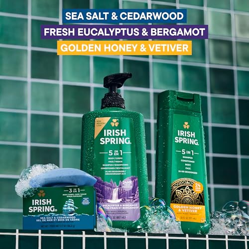 Image of Irish Spring 3-in-1 Men's Bar Soap Sea Salt & Cedarwood, Exfoliating Deep Clean Body Soap Bar and Face Cleanser, 3.7 oz Soap Bars, 24 Pack
