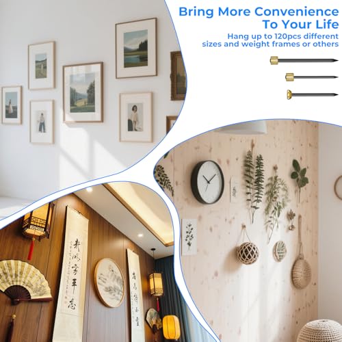 Image of 120 Pcs Picture Hanging Nails, 3 Styles Wall Decorative Nails for Hanging Pictures Picture Frame Hangers Nail Hardware Tool with Plastic Box for Claw Drywall Pictures Mirrors Painting Baskets