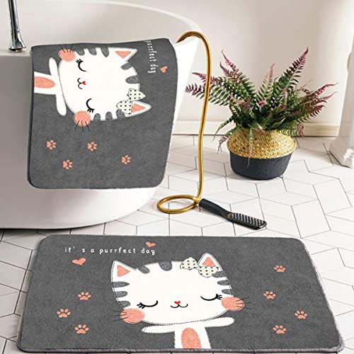Image of wolpin Anti-Slip Bath Mat (40 x 60 cm) Quick Water Absorbent Door Mat Bathmat for Home, Kitchen, Haze Blue Hall Entryway, Cat Grey