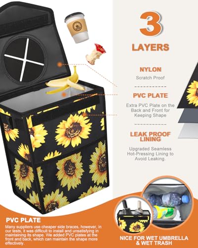 Image of Pritent Car Trash Can with Lid, Cute Leakproof Car Trash Garbage Bag Hanging Vehicle Trash Bin Small Portable Automotive Garbage Cans Organizer for Back /Front Seat(Trapezoid,Black Sunflower