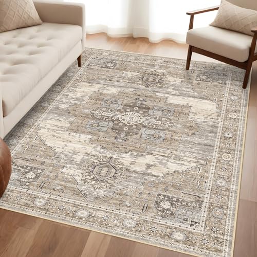 Washable 4x6 Area Rugs - Living Room Area Rug Stain Resistant Carpet Vintage Lightweight Ultra-Thin Rugs for Bedroom Kitchen entryway with Non Slip Backing Home Decor Small Mat 4X6 Beige