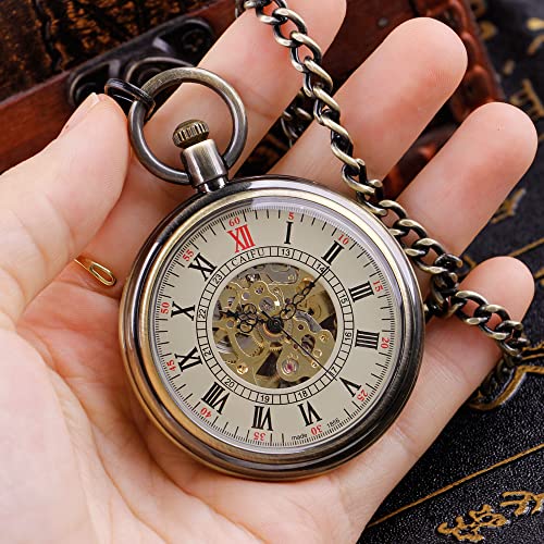 Image of Gold Uncovered Men's Mechanical Pocket Watch, Uncovered Roman Design Dial Chain Mechanical Pocket Watches for Men-Gold