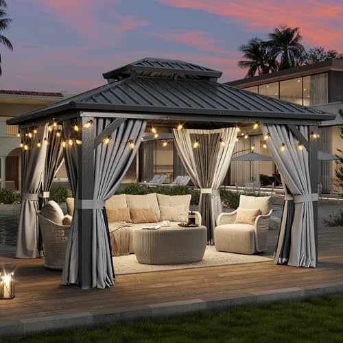 Aoxun 12'x10' Hardtop Gazebo with Light, Aluminum Frame Permanent Pavilion with Curtains and Netting, Outdoor Galvanized Double Roof Canopy, Designed for Garden, Lawns, Patio (Black/Grey)