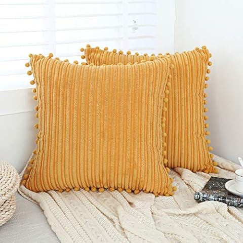 Oirpro Yellow Pillow Covers 18x18 inch with Pom-poms Set of 2 Corduroy Farmhouse Boho Accent Decorative Throw Pillow Covers for Couch Bed Sofa Cover