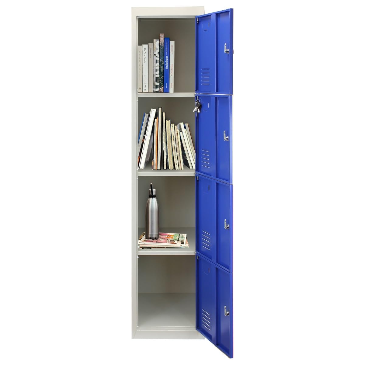Taquilla Metálica para Montar con 4 Puertas Azules 45x38x180cm con Estantes llaves Imanes Portatarjetas Nombre Número Armario Casillero Metalico Blue Metal Locker Escuela Gimnasio Vestuario y Oficina