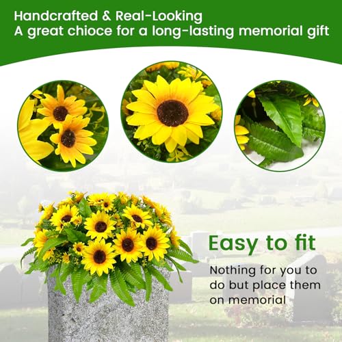 Headstone Flower Saddles Silk Realistic Yellow Grave Flowers for Cemetery Sunflower Outdoor Sympathy Memorial Day Flowers Arrangement image 2