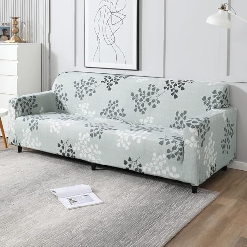 Image of HOKIPO Stretchable Elastic Couch Cover 4 Seater (AR-4096-D12-Grey Leaves)