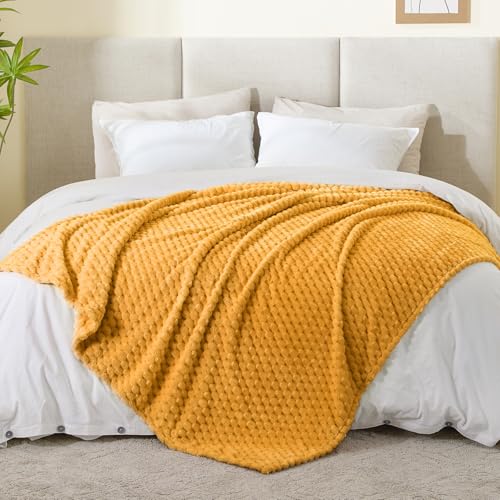 Image of BEDELITE Mustard Yellow Throw Blanket for Couch, Soft Cozy Gifts for Women | 3D Jacquard Decorative Fleece Blanket, Super Soft Plush Throws, Cute Birthday Gift for Women, Suitable for All Seasons, 50*60