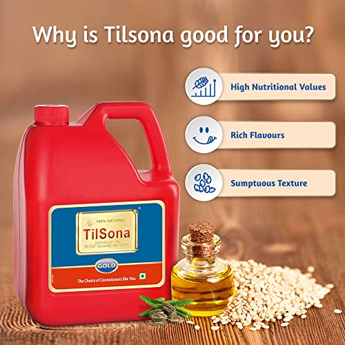 Image of Tilsona Gold Til, Sesame Oil for Cooking 5L Can | 100% Pure & Natural, No Artificial Flavours or Preservatives | Rich in Antioxidants & Omega-6 | Supports Good Health
