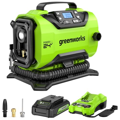 Greenworks 24V Cordless Tire Inflator, 160 PSI Portable Air Compressor, 2 Power Sources, Auto Shut Off, for Car, Bicycle, Motorcycle, Inflatables With 2.0 Ah USB Bank) Battery & 2A Charger