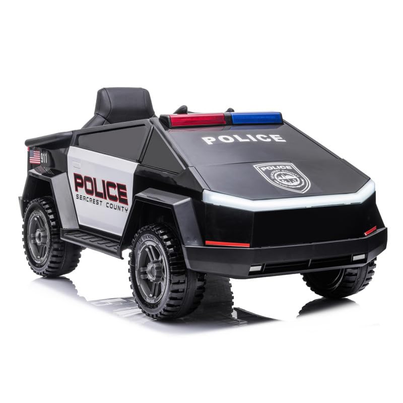 Coche eléctrico infantil 12V policía con mando a distancia parental, 2 motores 45W, LED y música, estilo Cybertruck, batería recargable, para niños de 3 a 6 años