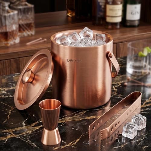 Image of O' Holic by Perch Ice Bucket Trio Stainless Steel - Double Wall Ice Bucket 1.5 Litre with Lid, Ice Tongs & 30 /60 ml Jigger | Insulated Cocktail Barware for Home, Parties & Gifting|Rose Gold