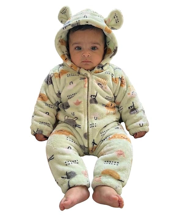 Image of BABYZONE Fluffy Fleece Baby Romper - Hooded Bear Ear Winter Jumpsuit for Boys & Girls