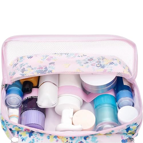 Image of Hanging Travel Toiletry Bag Cosmetic Make up Organizer for Women and Girls Waterproof (Pink Flower)