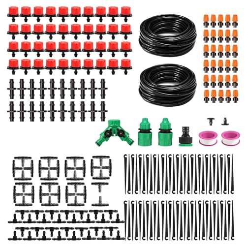 HAXIHA 220 Piezas Kit de Sistema de Riego por Goteo,20m+20m Manguera de Riego,Kit de Riego por Goteo Automático,Ajustable Boquilla Aspersor Pulverizador para Jardin Invernadero Césped