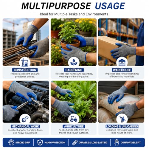 Image of Multipurpose Latex Crinkled Coating Anti Cut Work Safety Industrial Gloves, Hand & Fingers, Mechanical, Construction, Agriculture & Automotive - Durable & Comfortable (BLUEGREY-5PAIR)