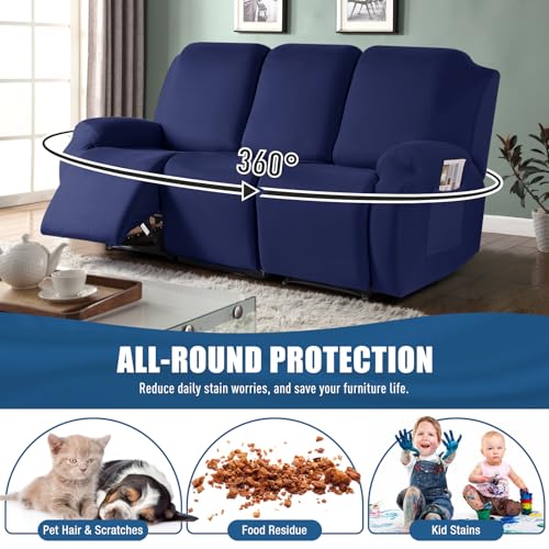 Image of TAOCOCO Recliner Sofa Slipcover, 3 Pieces Polyester Fabric Stretch Sofa Covers for 3 Seat Reclining Couch, Soft Washable Furniture Protector with Pockets (3 Seat, Dark Blue)