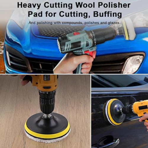 Image of STHIRA 5Pcs Wool Polishing Pad Set with Drill Backing Plate, 5'' Wool Buffing Pads for Car Detailing, Waxing, Paint Correction and Mirror Finish